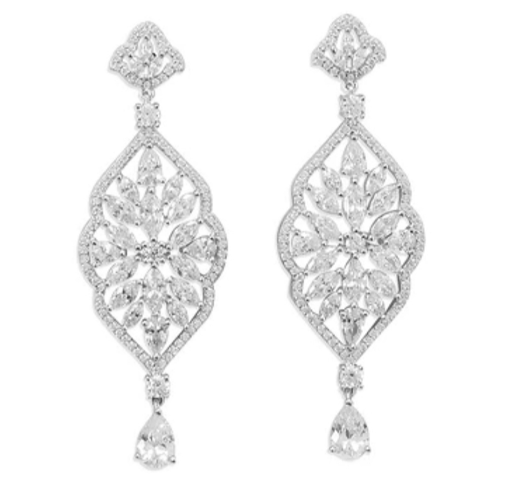 RHODIUM PLATED MARQUISE CZ DANGLE EARRINGS